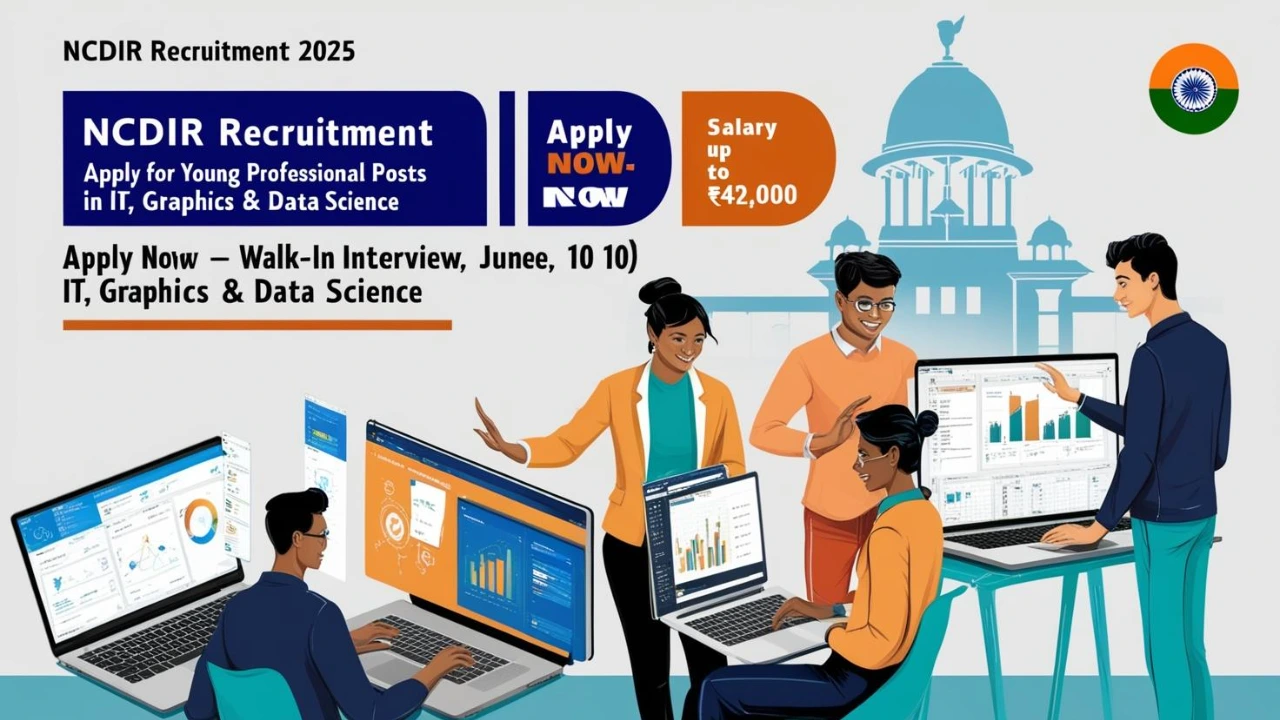 NCDIR ನೇಮಕಾತಿ 2025, ಗ್ರಾಫಿಕ್ಸ್ ವಿನ್ಯಾಸ ಮತ್ತು ವೀಡಿಯೊ ನಿರ್ಮಾಣದಲ್ಲಿ ಯಂಗ್ ಪ್ರೊಫೆಷನಲ್-I (IT) ಹುದ್ದೆಗಳನ್ನು ಪ್ರದರ್ಶಿಸುವ ಬ್ಯಾನರ್ ಅನ್ನು ಒಳಗೊಂಡಿತ್ತು, ಸಂಬಳ, ಖಾಲಿ ಹುದ್ದೆಗಳು ಮತ್ತು ಅರ್ಜಿ ಸಲ್ಲಿಸಲು ಕೊನೆಯ ದಿನಾಂಕದಂತಹ ಪ್ರಮುಖ ವಿವರಗಳೊಂದಿಗೆ.