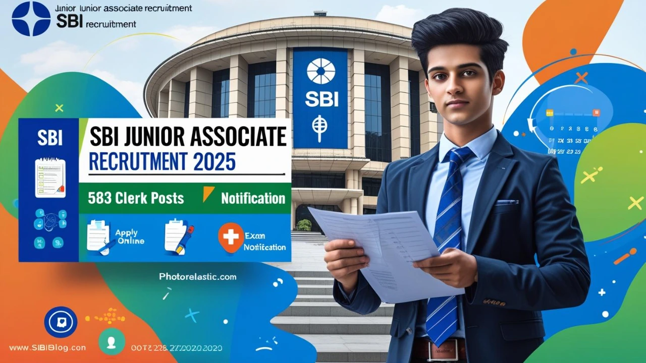 "SBI ಜೂನಿಯರ್ ಅಸೋಸಿಯೇಟ್ ನೇಮಕಾತಿ 2025 - 5583 ಕ್ಲರ್ಕ್ ಹುದ್ದೆಗಳಿಗೆ ಆನ್ಲೈನ್ನಲ್ಲಿ ಅರ್ಜಿ ಸಲ್ಲಿಸಿ, ಅಧಿಸೂಚನೆ, ಪರೀಕ್ಷಾ ದಿನಾಂಕಗಳು, ಸಂಬಳ, ಅರ್ಹತೆ ಮತ್ತು ಆಯ್ಕೆ ಪ್ರಕ್ರಿಯೆ. SBI ಯುವ ವೃತ್ತಿಪರರು ದಾಖಲೆಗಳು ಮತ್ತು ಲ್ಯಾಪ್ಟಾಪ್ಗಳನ್ನು ಹೊಂದಿದ್ದಾರೆ, ಆನ್ಲೈನ್ ಅರ್ಜಿ ಮತ್ತು ಪರೀಕ್ಷೆಗಳನ್ನು ಪ್ರತಿನಿಧಿಸುವ ವರ್ಣರಂಜಿತ ಐಕಾನ್ಗಳು."ಬ್ಯಾಂಕ್ ಕಟ್ಟಡವನ್ನು ತೋರಿಸುವ ರೋಮಾಂಚಕ ಥಂಬ್ನೇಲ್, y