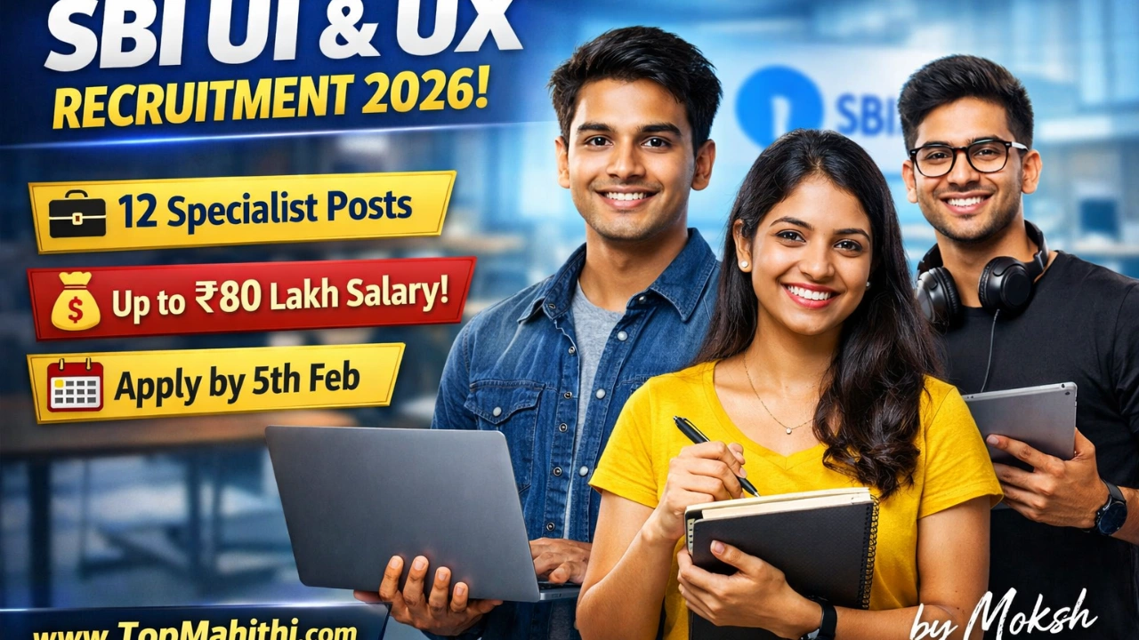 SBI UI & UX Recruitment 2026 thumbnail showing young aspirants and UI UX professionals, 12 high paying specialist posts, apply online notice, realistic recruitment poster design with website www.topmahithi.com and publisher name Moksh