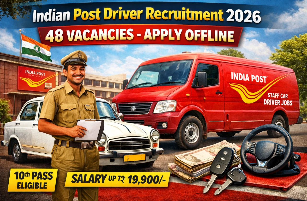 Indian Post Driver Recruitment 2026 thumbnail showing India Post staff car driver, postal van, 48 vacancies apply offline notification, and government driver job details