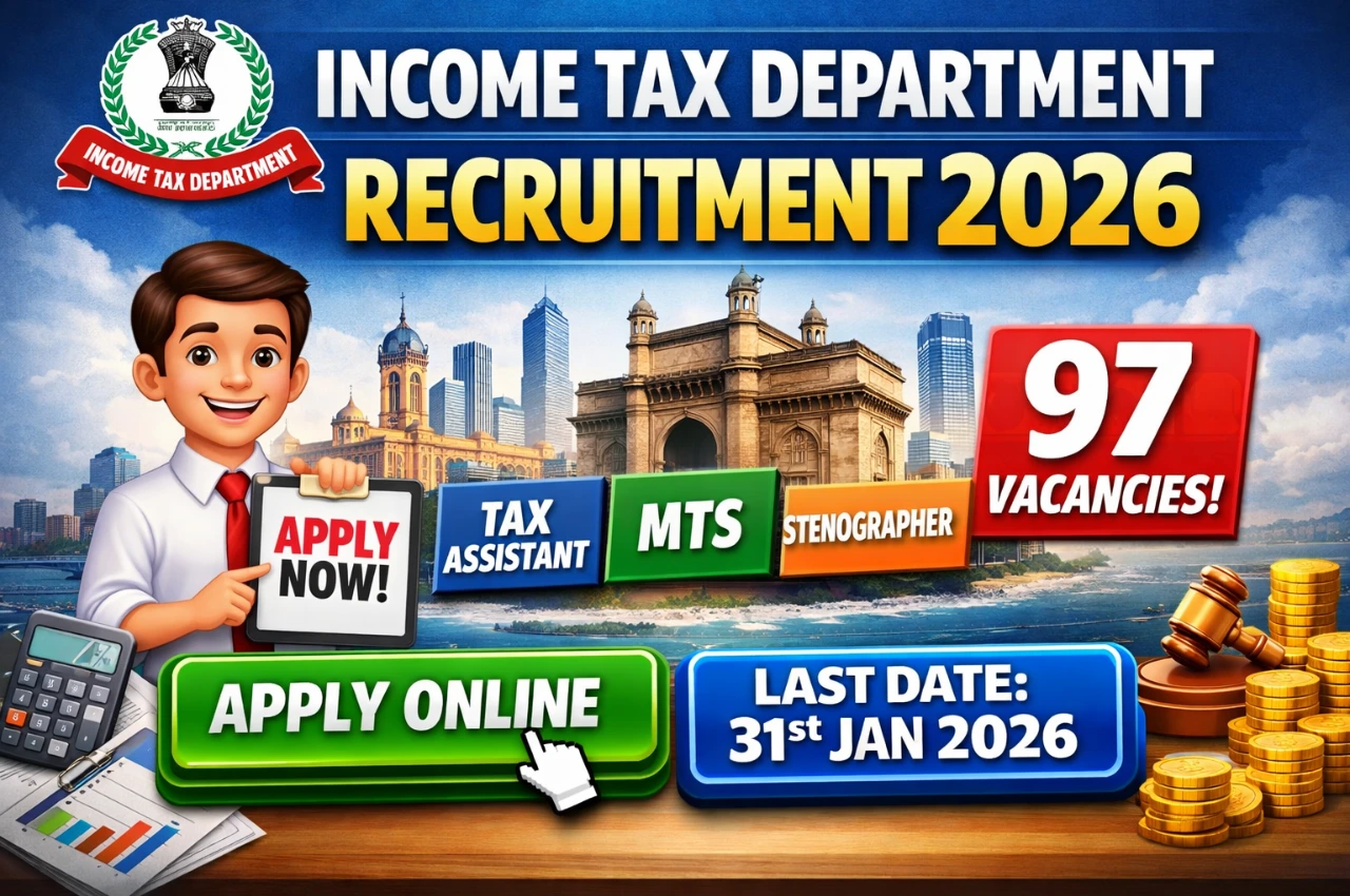 Income Tax Department Recruitment 2026 thumbnail showing 97 vacancies for Tax Assistant, MTS and Stenographer posts with apply online and last date details