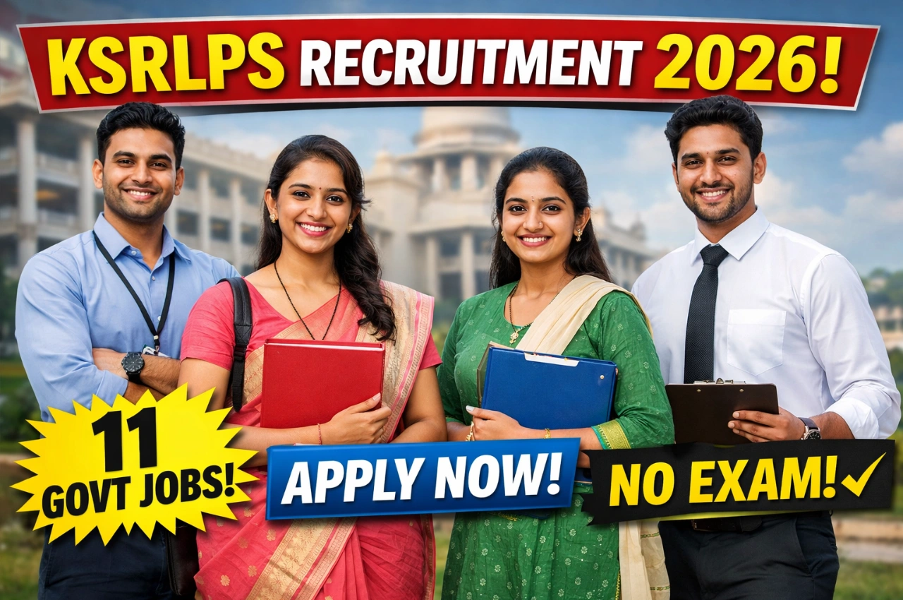 KSRLPS Recruitment 2026 thumbnail showing 11 government job vacancies in Karnataka, apply online now text, attractive recruitment poster with young aspirants, district level government jobs, free application notice