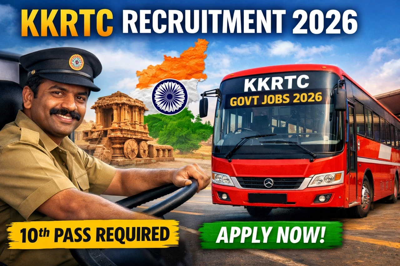 KKRTC Recruitment 2026 thumbnail showing government bus driver job opportunity in Karnataka, state transport recruitment poster with professional bus driver, official government transport theme, apply now concept