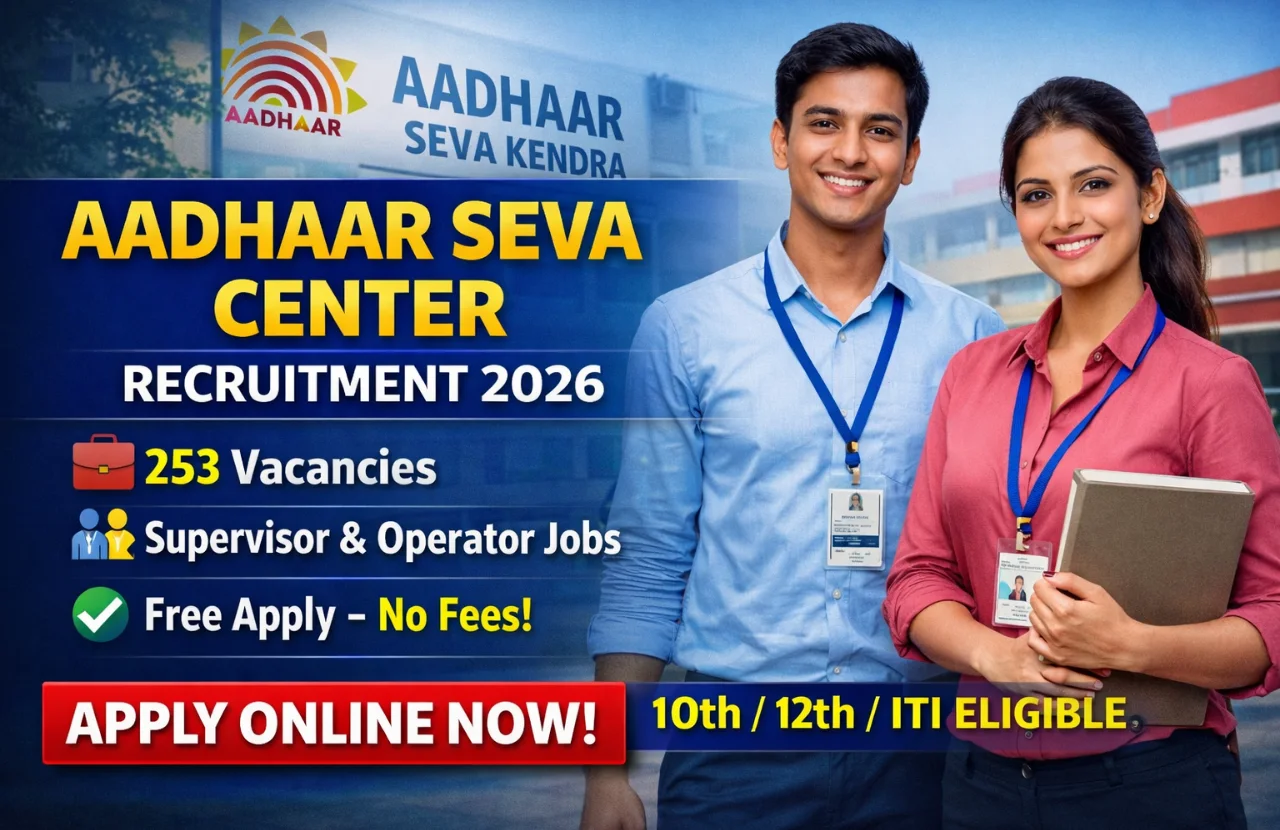 Aadhaar Seva Center Recruitment 2026 banner showing Supervisor and Operator job vacancies with apply online text – free application government job India