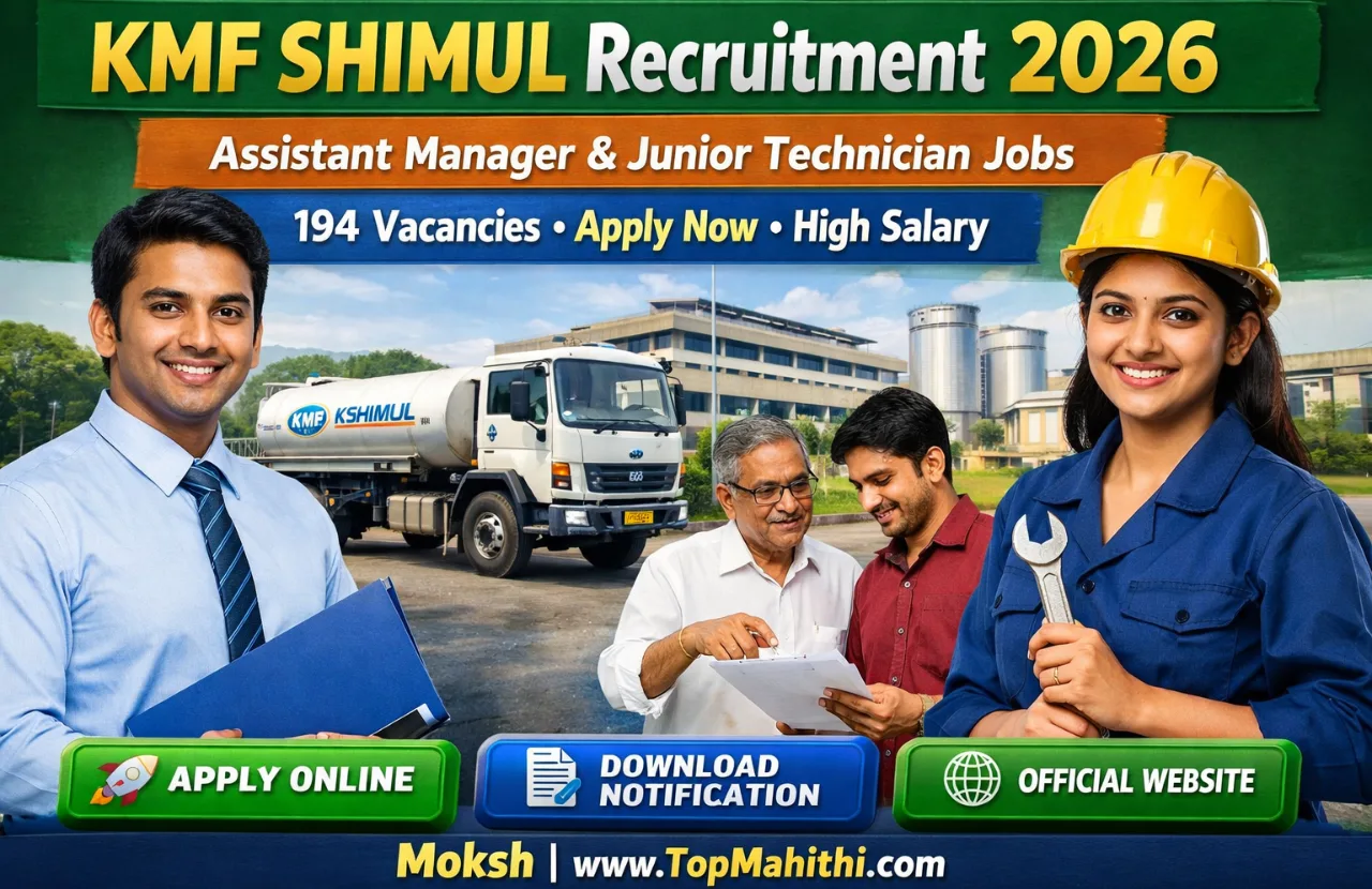 KMF SHIMUL Recruitment 2026 thumbnail showing Assistant Manager and Junior Technician government job opportunity in Karnataka with Indian candidates, www.topmahithi.com� branding and Moksh publisher name