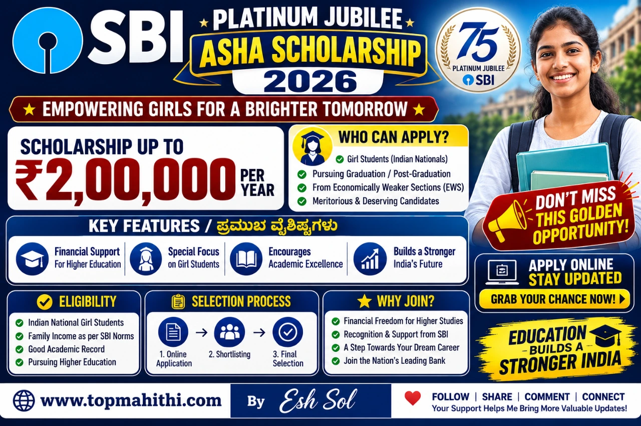 SBI Platinum Jubilee Asha Scholarship 2026 Apply online for SBI Platinum Jubilee Asha Scholarship 2026. Financial aid for School, UG, PG, IIT, IIM students. 50% reserved for female students, SC/ST benefits with relaxed eligibility. ಎಸ್‌ಬಿಐ ಆಶಾ ವಿದ್ಯಾರ್ಥಿವೇತನ 2026 – ಅರ್ಜಿ ಪ್ರಕ್ರಿಯೆ, ಅಗತ್ಯ ದಾಖಲೆಗಳು ಮತ್ತು ಪ್ರಮುಖ ದಿನಾಂಕಗಳು.