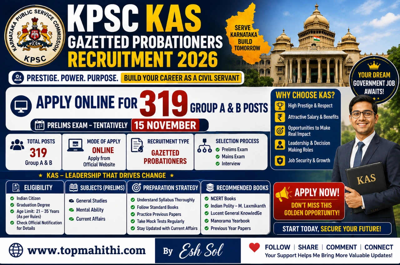 KPSC KAS Recruitment 2026 – Apply online for 319 Group A & B posts. Check eligibility, age limit, number of attempts, post-wise vacancies, exam pattern, syllabus, study plan, recommended books, and success strategy. ಕರ್ನಾಟಕ ಆಡಳಿತ ಸೇವೆ ನೇಮಕಾತಿ 2026 – ಅರ್ಜಿ ಪ್ರಕ್ರಿಯೆ, ಅರ್ಹತಾ ನಿಯಮಗಳು, ಸಿಲೆಬಸ್ ಮತ್ತು ತಯಾರಿ ಮಾರ್ಗದರ್ಶಿ.